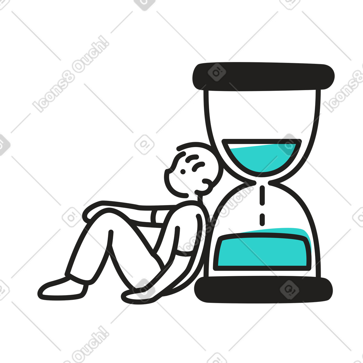 Little スタイルの 砂時計に寄りかかって待っている少年 のイラストをPNG、SVG形式でダウンロード