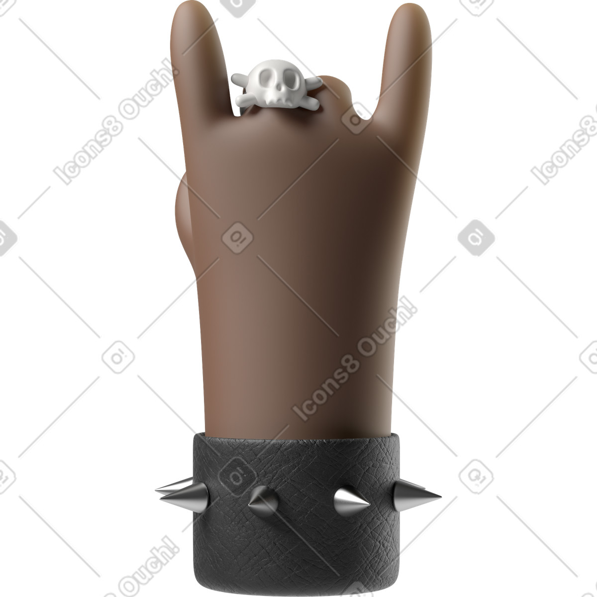 Ilustração de Mão pele negra do roqueiro com anel caveira mostrando sinal rock em no estilo 3D Hands Fun&Wild para baixar em PNG, SVG