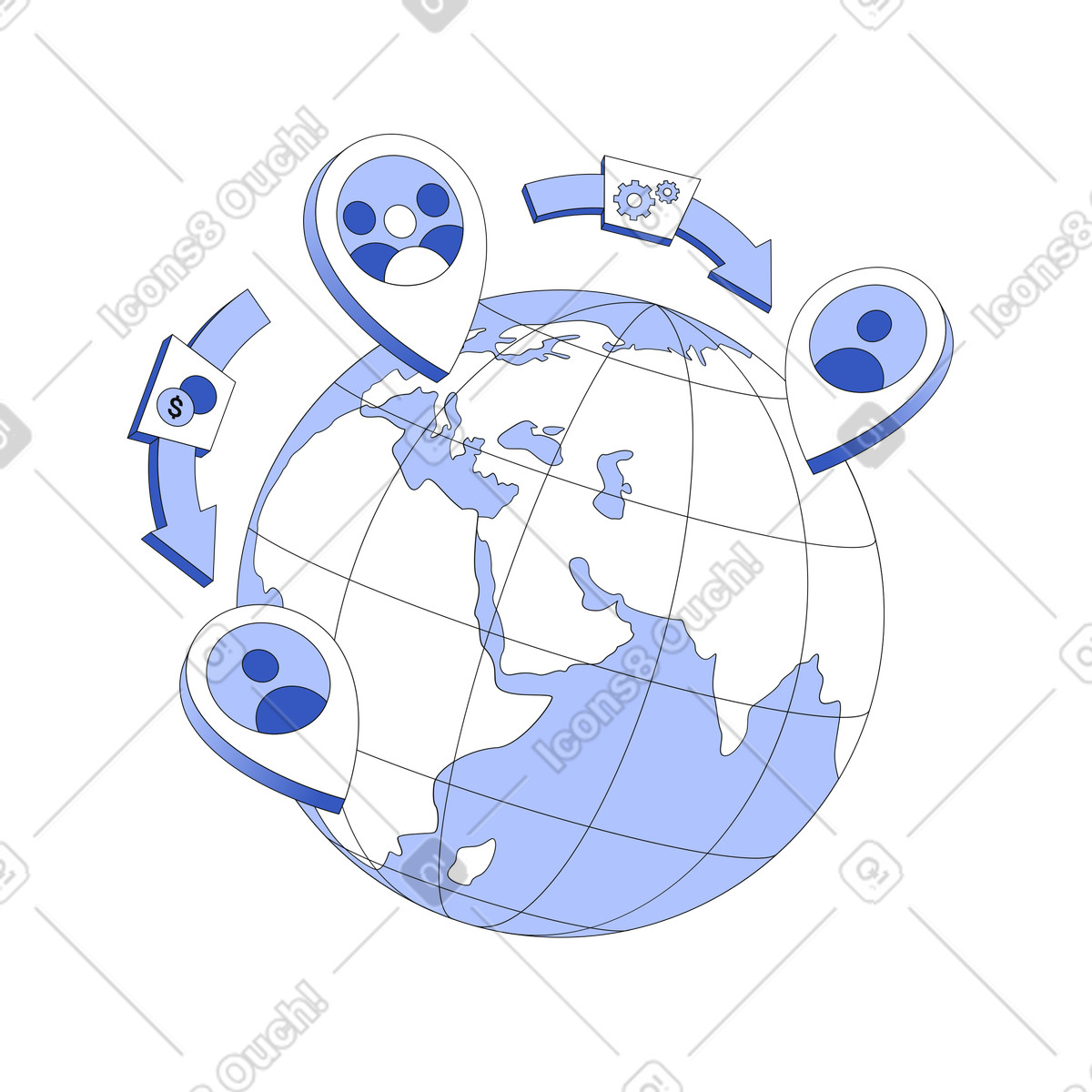 Outsourcing, partnership e collaborazioni commerciali, business internazionale globalizzazione illustrazione in stile Techny scarica in PNG, SVG