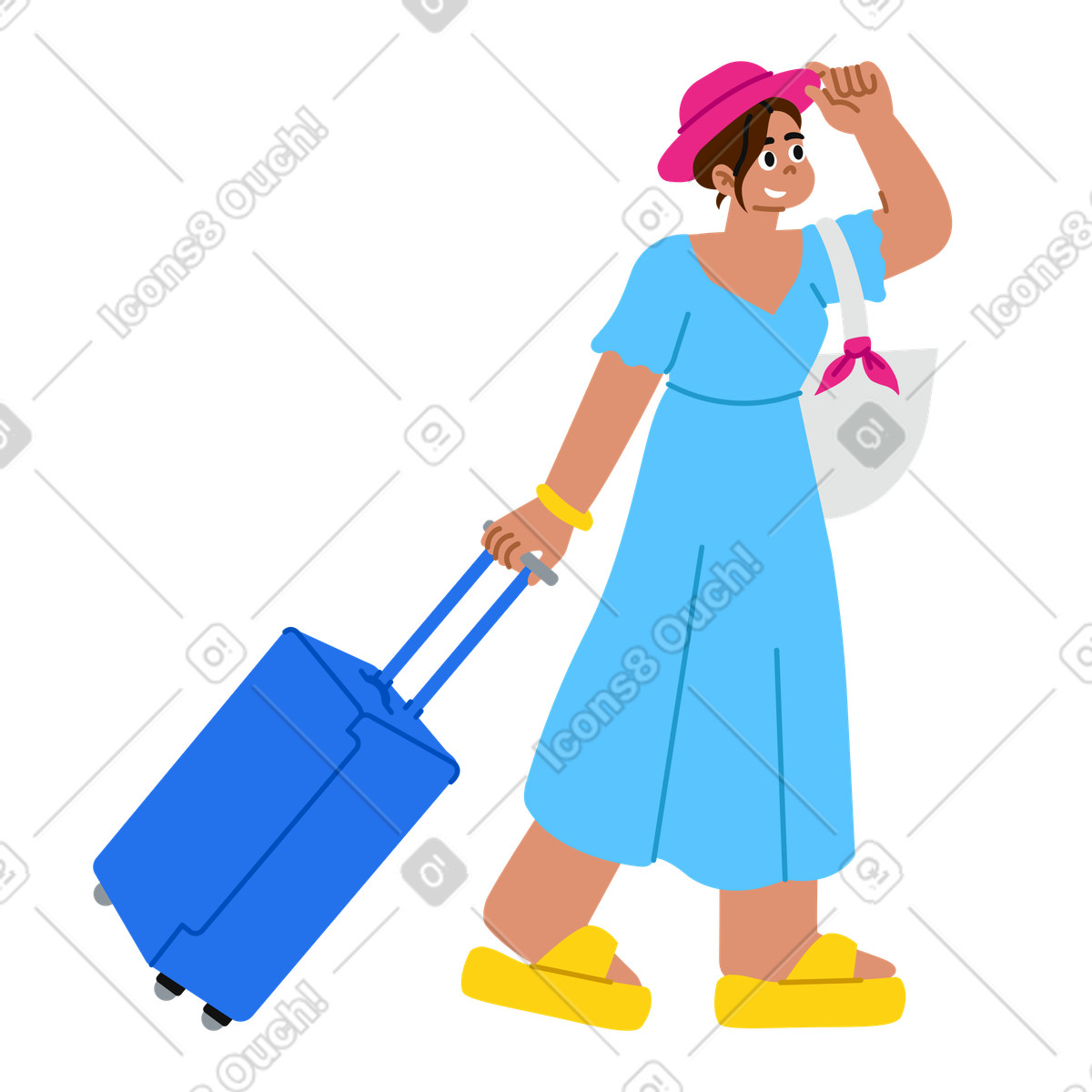 Ilustración animada Mujer con equipaje yendo de vacaciones en estilo Active a descargar en GIF, Lottie (JSON), AE