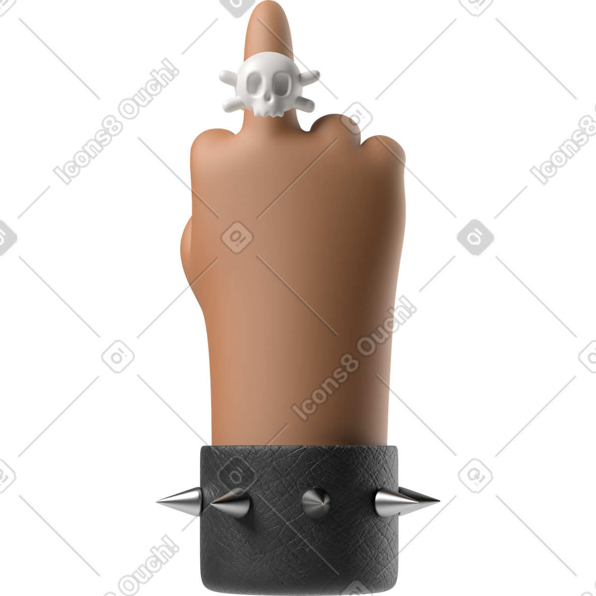 Ilustración Mano de piel marrón rockero que muestra el dedo medio con anillo calavera en estilo 3D Hands Fun&Wild a descargar en PNG y SVG