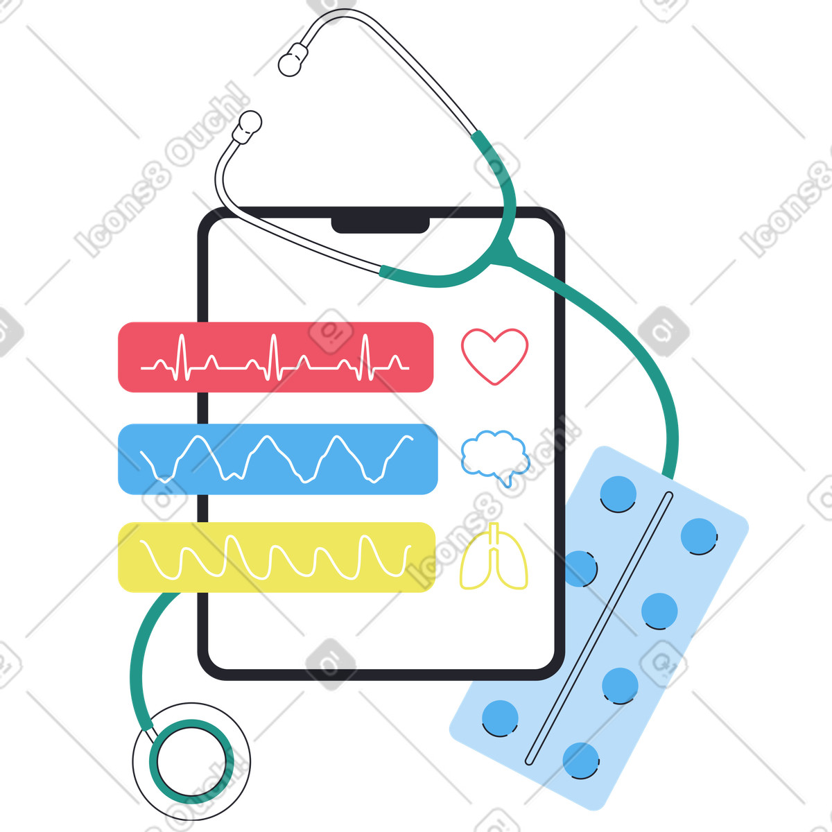 Illustration Résultats du bilan de santé sur tablette avec stéthoscope et pilules dans le style Boba à télécharger aux formats PNG, SVG