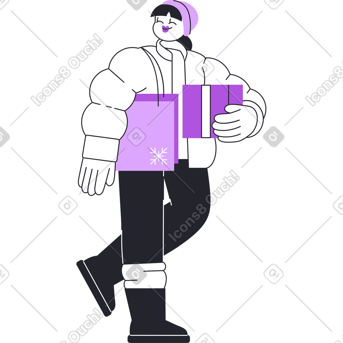 下载 Grapy 风格的 穿着冬装的女人带着礼物走路 插画，支持 PNG、SVG 格式