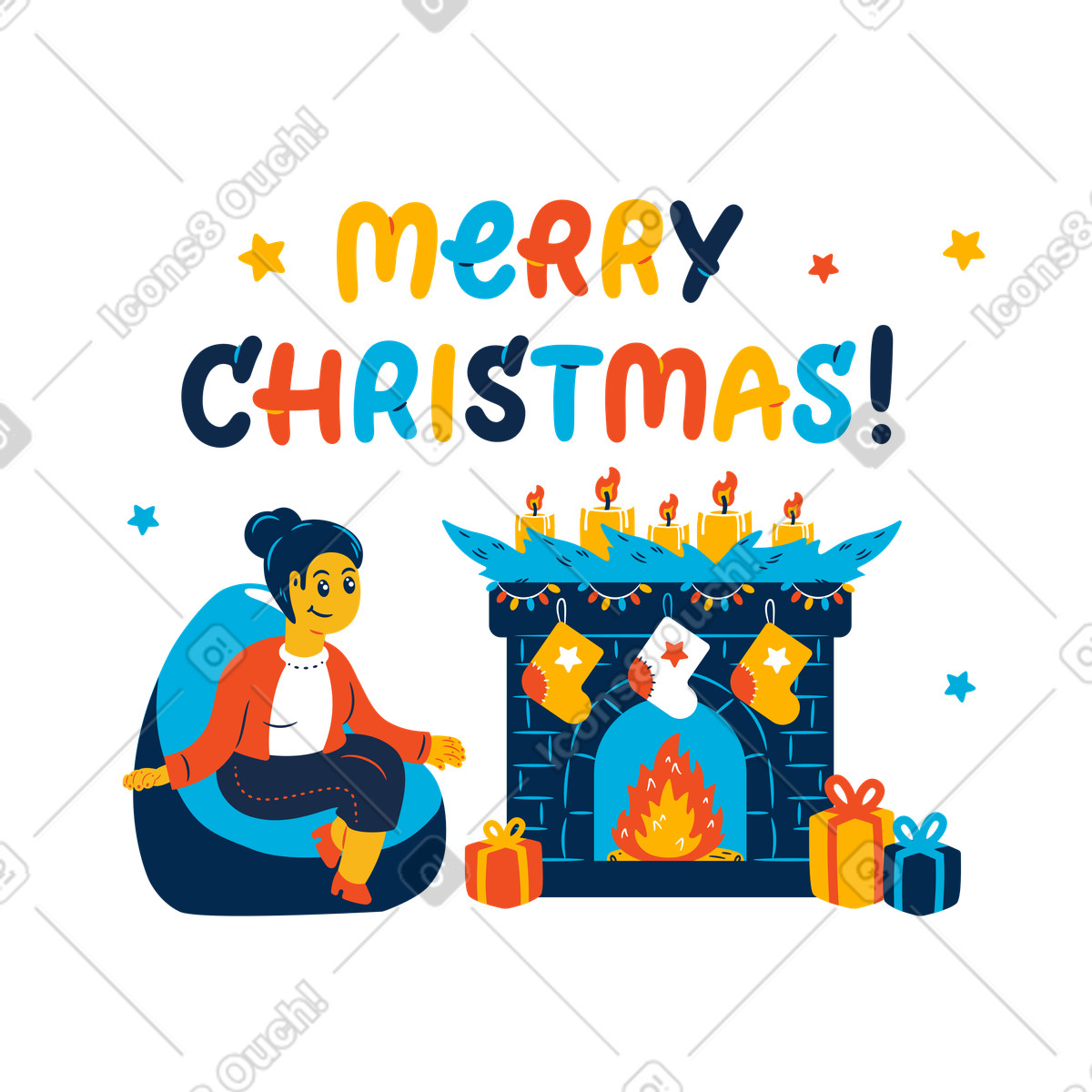 Ilustración Mujer sentada junto a una chimenea en navidad estilo Flame descargar PNG y SVG