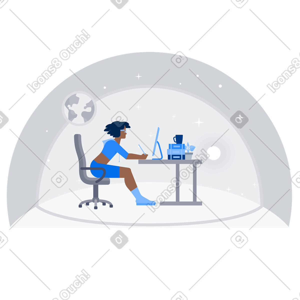 Concentrated graphic designer working on computer in space, Creative remote work illustrazione animata stile Urban scaricabile GIF, Lottie (JSON), AE