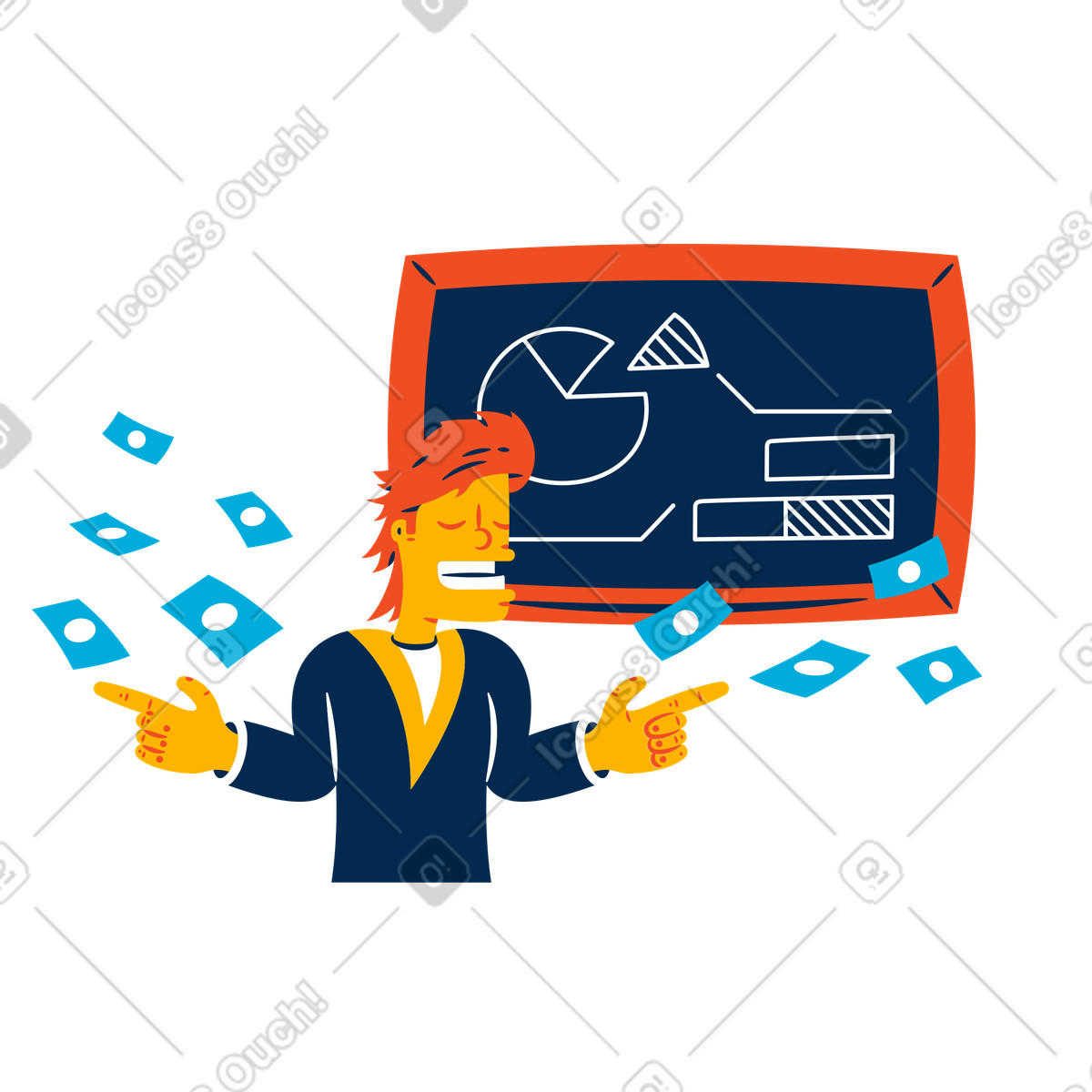 Illustration Un homme d'affaires prospère obtient une croissance de ses bénéfices dans le style Flame à télécharger aux formats PNG, SVG