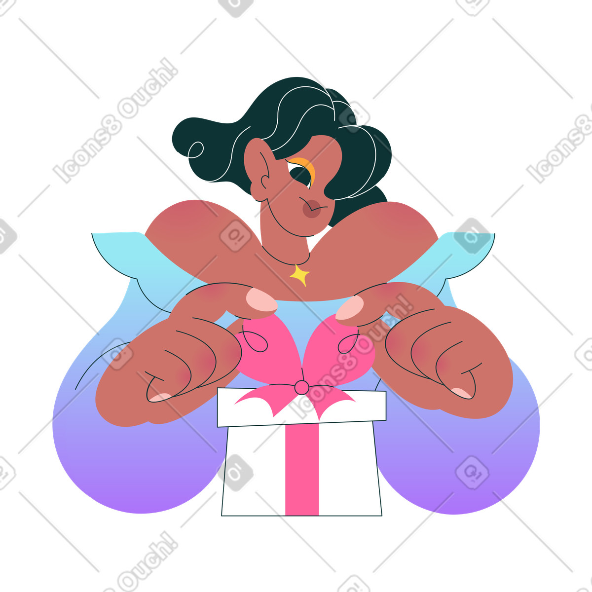 Illustration animée La fille attache un arc sur cadeau dans le style Florid à télécharger aux formats GIF, Lottie (JSON), AE