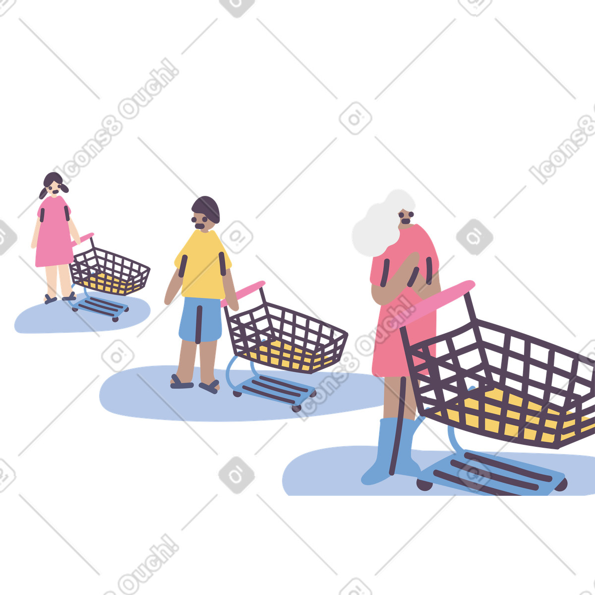People with shopping carts standing in line illustration Pluto style download PNG, SVG