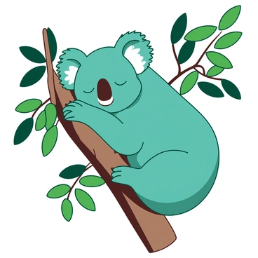 A teal sleepy koala is hugging a brown eucalyptus tree branch. The koala's eyes are closed in a relaxed manner, and its furry body is nestled comfortably against the branch. Surrounding the branch are lush green eucalyptus leaves, creating a natural frame for the scene. The sunlight filters gently through the leaves, casting soft shadows around the sleeping koala.