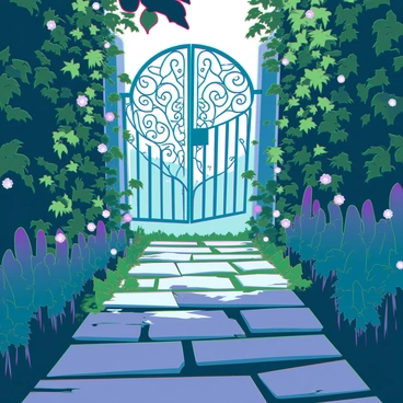 An overgrown garden path leading to a locked gate