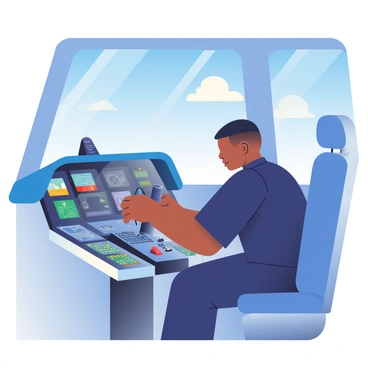 A pilot in a cockpit of a commercial airplane, checking the controls with a clear view of the sky