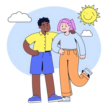 Two friends styled in complementary outfits, laughing together on a sunny day
