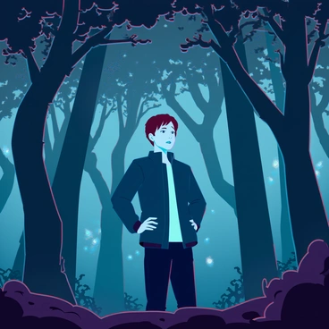 A person with short brown hair and wearing a dark green jacket stands in a dense, dark forest. The trees are tall and closely packed, their branches intertwining with thick foliage that blocks out most of the light. The ground is covered in a layer of damp leaves and twisted roots, adding to the sense of entrapment. The person's expression is one of confusion and concern as they look around, searching for a way out. In the background, faint, indistinct shapes can be seen lurking between the trees, and sounds resembling rustling leaves and distant whispers fill the air, enhancing the atmosphere of unease.