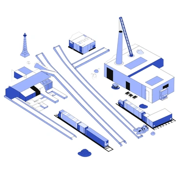 A network of railway tracks is cutting through an industrial area. The tracks are laid out in a complex pattern, intersecting at multiple points. Surrounding the tracks, there are large warehouses made of metal and concrete, some with loading docks and others with tall smokestacks. A few freight trains are parked along the tracks, with containers stacked on flat cars. Piles of coal and machinery can be seen nearby, while some cranes tower above, indicating ongoing construction or loading activities. The scene captures the bustling activity typical of an industrial environment.