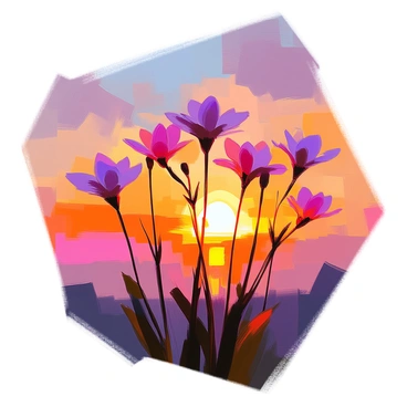 A group of freesia flowers with delicate petals, their slender stems reaching upwards, is silhouetted against a vibrant sunset sky. The sky is filled with a blend of warm colors, including deep oranges, soft pinks, and hints of purple, creating a stunning backdrop. The flowers, outlined in dark against the luminous sky, create a striking contrast, capturing the beauty of the moment. The scene conveys a sense of tranquility as the light fades in the evening.