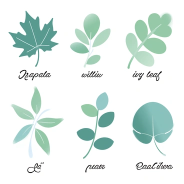 A collection of various types of leaves arranged on a light background. Each leaf is detailed, showcasing its unique shape and texture. The leaves include a broad maple leaf, a slender willow leaf, a round ivy leaf, and a long palm leaf. Each leaf is labeled with its name in elegant script beneath it. The colors of the leaves range from deep greens to lighter shades, making them visually distinct from one another.