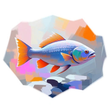 A large coelacanth positioned prominently in the center of the image, featuring scales in shades of deep blue and teal. The fish has prominent lobed pectoral fins and a distinct, rounded body. Surrounding the coelacanth are swirling waves of vibrant colors, including rich oranges, pinks, and yellows, creating a dynamic background that suggests movement in the water. The coelacanth is highlighted by soft, flowing lines that enhance its form and give a sense of underwater fluidity.