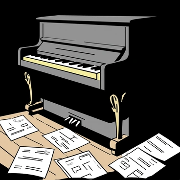 An old piano with a dark wooden finish, featuring intricate carvings on its legs and decorative elements on the sides, stands in the center of a dimly lit room. The keys of the piano appear worn and slightly yellowed from age. Scattered across the wooden floor are various sheets of music, some partially crumpled, showing handwritten notes and markings. The low light casts soft shadows, emphasizing the textures of the piano and the sheets of music around it.