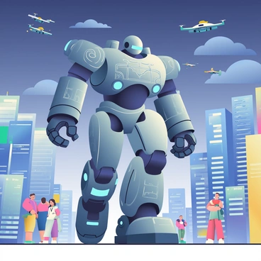 A large, futuristic robotic Goliath with sleek metal plating and glowing blue accents is walking through a high-tech metropolis. The robot has intricate designs etched into its armor and stands tall above the surrounding buildings. Skyscrapers with reflective glass surfaces and neon lights surround the Goliath, creating a vibrant atmosphere. Advanced vehicles zoom through the air above, while small drones fly around the robot, capturing its movements. On the ground, pedestrians in modern attire pause to watch in awe as the Goliath strides confidently through the bustling cityscape. The sky above is a deep twilight blue, dotted with a few scattered clouds.