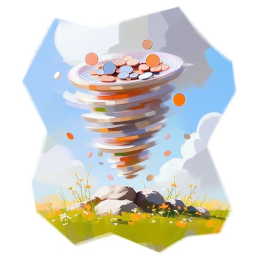 A swirling tornado of various coins, including pennies, nickels, dimes, and quarters, spirals upwards into a clear blue sky. The coins catch the sunlight, creating glimmers as they rotate in mid-air. Below the tornado, a vast green field stretches out, dotted with wildflowers and a few scattered rocks. The scene captures the dynamic motion of the coins as they ascend, contrasting against the serene landscape below.