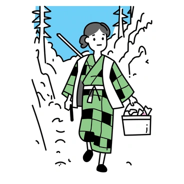 A young man named Tanjiro is hiking up a narrow mountain trail. He is wearing a green and black checked kimono, featuring a white haori jacket. His long, dark hair is tied back, and he has a determined expression on his face. In one hand, he carries a sheathed sword, positioned securely at his side. In his other hand, he holds a woven basket filled with various items. The trail is flanked by tall trees and rugged rocks, with a clear blue sky visible above.