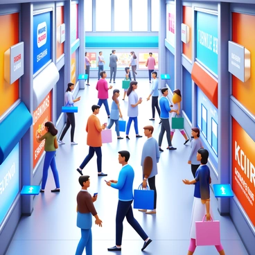 A bustling shopping center with induction charging stations for visitors