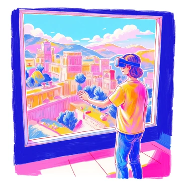 A person wearing a VR headset is standing in a bright room, deeply engaged in an immersive experience. They are dressed in casual clothing, with a comfortable t-shirt and jeans. In front of them, a vivid virtual representation of a historical site unfolds, showcasing intricate architecture and detailed landscapes. The scene includes ancient stone buildings with ornate designs, lush greenery surrounding the site, and a clear blue sky above. The person reaches out, as if interacting with elements in the virtual space, while expressions of wonder and curiosity are evident on their face.