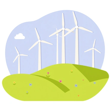 A row of white wind turbines with three blades spinning stands tall on a vibrant green hill. The turbines are evenly spaced, creating a rhythmic pattern against the landscape. Above, a clear blue sky stretches out, dotted with a few fluffy white clouds. The sunlight casts soft shadows on the hill, emphasizing the gentle curves of the terrain. Below the turbines, patches of wildflowers in various colors can be seen, adding detail to the lush greenery.
