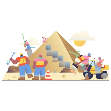 A group of workers with different skin tones is actively engaged in constructing a pyramid. Some workers are using shovels to move sand and gravel, while others are operating machinery like cranes and bulldozers. The pyramid is partially completed, showcasing multiple layers with large stone blocks. In the background, the sun is setting, casting warm orange and yellow hues across the sky and illuminating the scene. The ground is dusty, with piles of materials scattered around, and there are safety cones and barriers marking off the construction area. The workers are wearing helmets and reflective vests for safety.