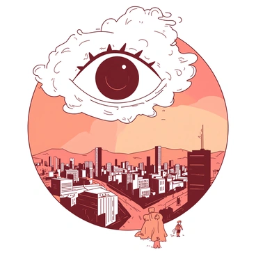 A giant eye in the sky watching over a cityscape