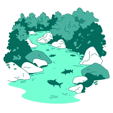A teal gentle brook is winding through a white forest, with smooth rocks partially submerged in the water. The surface of the brook reflects the surrounding greenery. Small fish can be seen swimming gracefully among the rocks, their silhouettes visible beneath the clear water. Lush trees line the banks of the brook, their leaves creating dappled patterns on the forest floor.