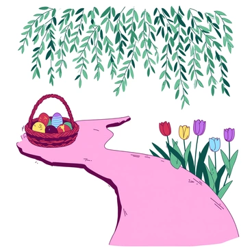 A path lined with flowers leading to an Easter basket under a weeping willow