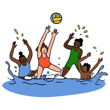 A group of enthusiastic players engaging in a pool volleyball match. Several players are mid-action, diving dramatically to hit the ball, with splashes of water erupting around them. The players have various skin tones and hairstyles, showcasing diversity. One player is wearing a blue swimsuit, another in a red swimsuit, and a third in green. The volleyball is in the air, captured just above the water. The scene is vibrant and full of energy, with visible waves splashing around each player.