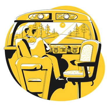 A man wearing a uniform is seated in the driver's seat of a vintage bus. He is focused on adjusting the "rear-view mirror" to get a better view of the road behind him. The interior of the bus features old-fashioned details, including patterned upholstery on the seats and a polished wooden dashboard. Sunlight filters through the front windshield, casting shadows inside the bus. The driver has short hair and is wearing a cap. Behind him, the road stretches out with trees lining each side.