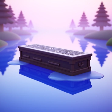 A coffin gently floating on a serene river surrounded by a thick blanket of mist. The water reflects soft shades of purple and pink from the dawn sky. The coffin is made of dark wood, intricately carved with floral designs. Wisps of mist curl around the edges of the coffin, blending into the tranquil atmosphere. Silhouettes of trees line the riverbank, partially obscured by the fog. Soft ripples distort the reflection of the coffin as it glides slowly downstream.