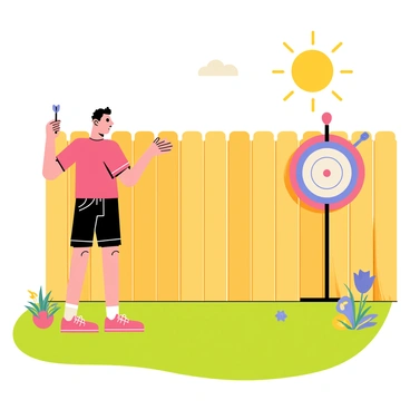 A solo player stands in a sunny backyard, focused on practicing darts. The player is wearing a bright red shirt and black shorts, holding a dart in their right hand. A dartboard is mounted on a wooden fence, with a few darts already stuck in the board. Green grass covers the ground, and a few colorful flowers bloom nearby. The sun casts warm rays, creating a cheerful atmosphere.