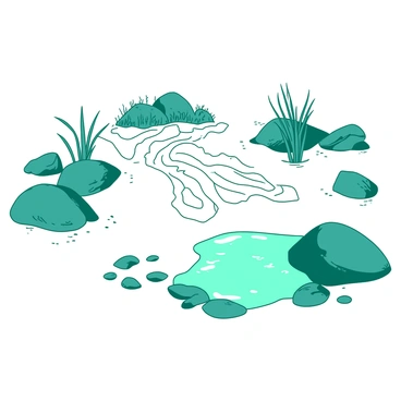A duotone illustration features a zen garden with fine, smooth white sand. The sand is raked into intricate patterns that resemble the shapes of Earth's continents. Surrounding the garden, there are carefully placed teal rocks and boulders, adding a natural element to the composition. Sparse greenery, including small teal plants, is strategically arranged throughout the garden, providing contrast against the white sand. A small teal pond reflects the patterns in the sand, enhancing the overall tranquility of the scene.
