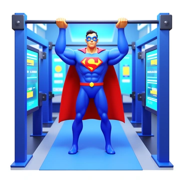A superhero wearing a colorful costume with a cape and mask is practicing pull-ups on a futuristic exercise bar. The costume features a bold emblem on the chest and sleek designs that highlight their muscles. Surrounding the superhero are advanced training equipment and digital screens displaying performance metrics. The high-tech training facility has bright lighting, metallic surfaces, and a modern aesthetic. In the background, there are holographic displays projecting workout routines and superhero training visuals.