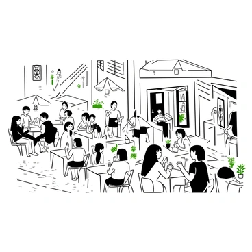 A bustling outdoor cafe terrace with people enjoying their drinks under colorful umbrellas
