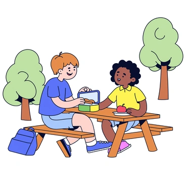 A child with short brown hair wearing a blue t-shirt and denim shorts is smiling as they reach into a colorful lunchbox. They are handing a peanut butter sandwich and an apple to a classmate who looks surprised and grateful. The classmate has curly hair and is wearing a yellow shirt. Both children are sitting at a wooden picnic table surrounded by trees in a bright schoolyard. A backpack can be seen on the ground beside them.