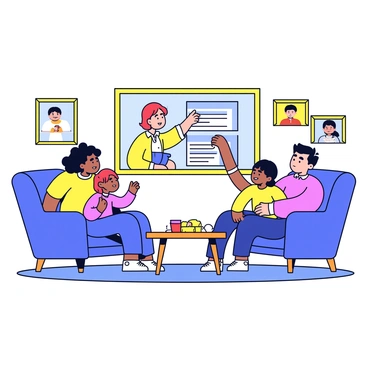A family sitting together in a cozy living room. They are arranged on a comfortable sofa, looking intently at a television screen. The screen displays a news anchor with a friendly expression, subtly reaching out and pointing towards bold headlines. The room has warm lighting, with a small coffee table in front of the sofa holding snacks. There are framed family photos on the walls, contributing to a homely atmosphere.