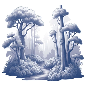 A dense rainforest filled with various trees and plants. Each tree takes on a unique shape and size, symbolizing different components of the limbic system. Some trees have broad, sprawling branches, while others stand tall and narrow. The foliage is rich and varied, with large leaves and intricate vines climbing around the trunks. The ground is covered with a thick layer of underbrush, consisting of smaller plants and ferns, creating a layered effect in the ecosystem. Sunlight filters through the canopy, casting dappled shadows on the forest floor.