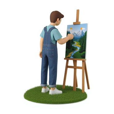 A landscape artist with light skin and short brown hair is standing on a grassy hill, focused intently on their canvas. They are wearing a light blue shirt and denim overalls. The canvas is an easel-mounted depiction of a classic nature scene, featuring a lush forest with a river running through it. The artist is using a palette filled with bright, vibrant colors, including bold greens, deep blues, and warm yellows. Their brush is mid-stroke, adding a swirl of bright orange to the sky. In the background, majestic mountains can be seen under a clear blue sky.