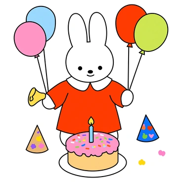 Miffy, a small white rabbit with large ears, is celebrating her birthday in a cheerful setting. She is wearing a bright red dress with a white collar and a big smile on her face. Around her, there are several colorful balloons in various shapes like stars and hearts, floating in the air. In front of Miffy, there is a round cake with pink frosting and colorful sprinkles, topped with a single candle. The scene is vibrant, filled with joy and festivity, and a few party hats are scattered nearby. Miffy holds a small party horn in her hand, ready to make a wish.