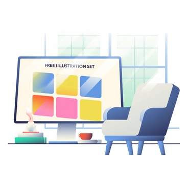 A digital catalog displayed on a sleek monitor in a modern library setting showcases various free illustration sets. The screen features a grid layout, with vibrant thumbnails representing each illustration set. Beside the monitor, a cozy reading chair with soft, neutral fabric is positioned, inviting visitors to sit and browse. A small wooden table nearby holds a stack of books and a steaming cup of coffee. Sunlight filters through large windows, casting gentle light across the room and illuminating the catalog.
