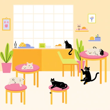 An interior of a warm cafe featuring wooden furniture and soft, ambient lighting. There are round tables with chairs and a counter displaying various pastries. "Illustrated cats" in different poses are lounging throughout the scene, some sleeping on the tables, while others are playfully interacting with each other on the floor. The walls are decorated with colorful artwork and plants in the corners add a touch of greenery to the cozy atmosphere.