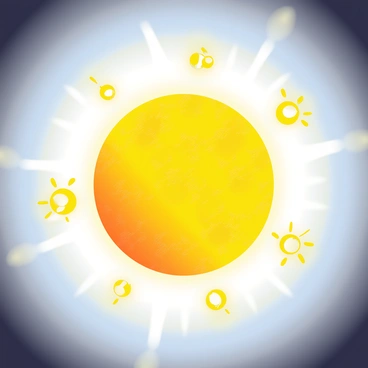 A large sun is depicted in the center of the image, radiating a bright, warm light. The surface of the sun is textured with swirling patterns of yellow and orange, indicating the intense heat and activity. Around the sun, small bursts of energy are visualized, representing hydrogen fusion reactions. These reactions are illustrated as glowing spheres of light where hydrogen atoms collide and merge, emitting streams of golden energy. The outer corona of the sun appears wispy and luminous, extending outward with a soft glow. The background transitions from deep space black to shades of blue, emphasizing the sun's brilliant light and energy production.