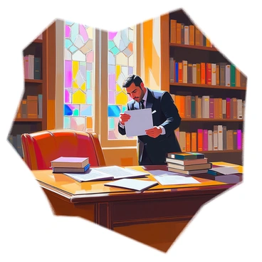 A mafia member with a rugged appearance is carefully hiding a secret ledger inside an ornate library. The library is filled with tall shelves made of dark wood, richly stocked with leather-bound books in various colors. Soft, warm light filters through large stained-glass windows, casting colorful patterns on the wooden floor. The mafia member, wearing a tailored suit with subtle details, glances around cautiously while tucking the ledger between the books on a shelf. The intricate details of the library include plush armchairs and a large wooden desk covered with scattered papers, hinting at the clandestine activities carried out within its walls.
