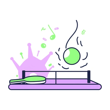 A table tennis ball is dancing on a flat table surface. The ball is in mid-air, with motion lines suggesting its lively movement. There are small, playful notes around it, indicating a cheerful atmosphere. The table is adorned with a colorful tablecloth, and a paddle rests beside it, partially overlapping with the edge of the table. In the background, there is a light source casting a soft shadow of the ball onto the table.