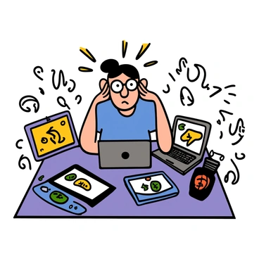 A person with light skin and short black hair is sitting at a cluttered desk, surrounded by various gadgets that are beeping and flashing with lights. The person has big eyes, eyebrows raised in confusion, and a slightly open mouth. They are wearing a blue t-shirt and glasses. The gadgets include a smartphone, a tablet, a laptop, and a smartwatch, all displaying different bright colors. The scene conveys a sense of chaos with the blinking lights and sound waves illustrated around the gadgets.